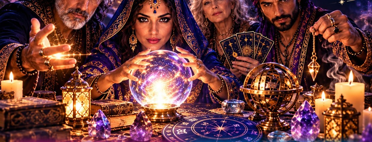 Voyants de Vanessor autour d'une boule de cristal, de cartes de tarot et d'une sphère armillaire