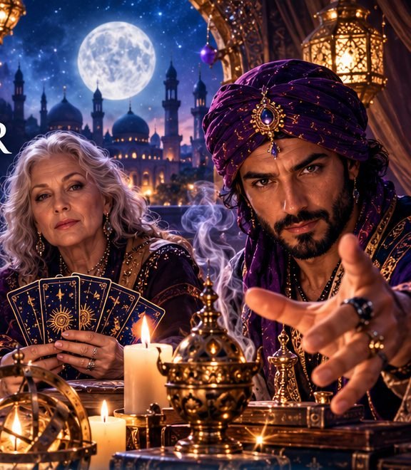Une voyante et un voyant de Vanessor, cartes de tarot en main, sous la pleine lune
